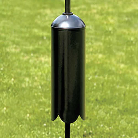 Squirrel Guard: black steel barrier on a pole, 16-3/4 inches tall, prevents squirrels from accessing bird feeders. Fits round and square poles.