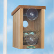 Duncraft Window View Bird House with clearview plastic back panel, featuring a nest with eggs inside for close-up bird-watching.