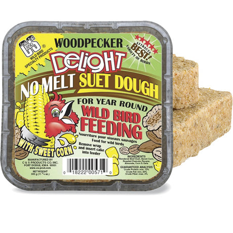 Woodpecker Delight Suet Cakes in a labeled plastic container, ideal for attracting woodpeckers. Available in sets of 4 or 12, featuring no-melt suet dough.