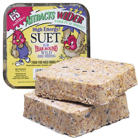 Close-up of High Energy Suet Cakes, featuring a dense block of bird feed made from rendered beef suet, corn, white millet, oats, and sunflower meal.