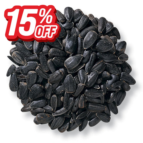 Pile of black oil sunflower seeds with a red and white 15% off graphic.