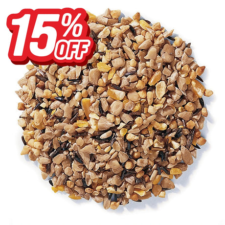 Chopped nut, corn, sunflower kernel, and seed blend with a red and white 15% off graphic.