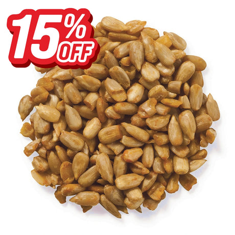 Pile of shelled sunflower kernels with a red and white 15% off graphic.