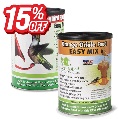 Cans of Songbird Essentials hummingbird and orange oriole nectar mixes with a 15% off graphic.