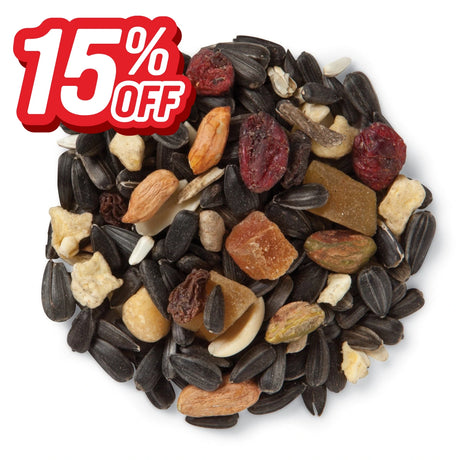 Wild bird seed blend with sunflower seeds, nuts, dried fruit, and other ingredients, marked 15% off.