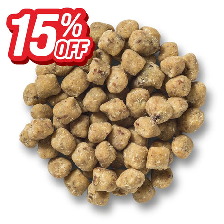 Pile of tan bird food nuggets with a red and white 15% off graphic.