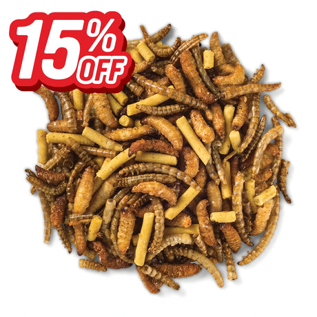 Dried mealworms mixed with yellow bird food pellets, marked 15% off.