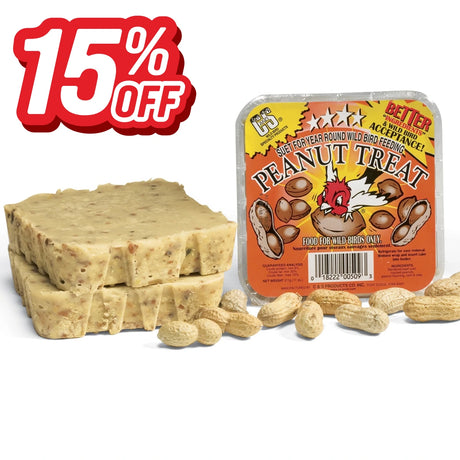 Peanut Treat wild bird food package with stacked suet cakes and whole peanuts, marked 15% off.