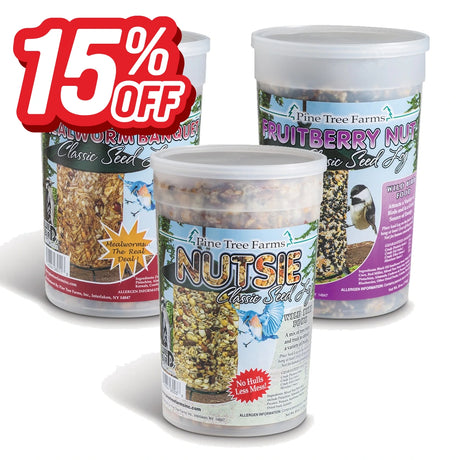 Three Pine Tree Farms wild bird seed logs in Mealworm Banquet, Nutsie, and Fruit Berry Nut varieties, marked 15% off.