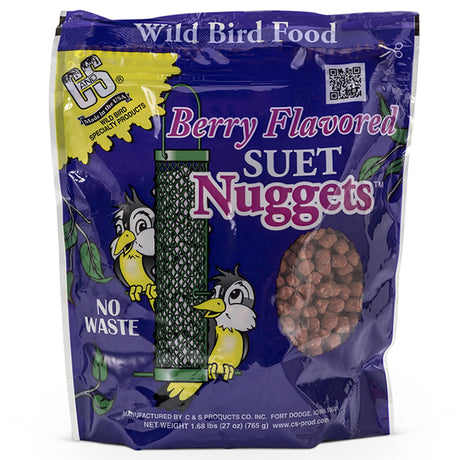 Berry Nuggets, Set of 3: A close-up of a resealable blue bag filled with suet protein nuggets for birds, highlighting premium, no-waste ingredients like corn, peanuts, and oats.