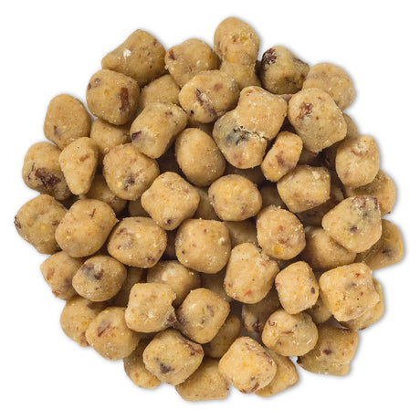 Bluebird Suet Nuggets, Set of 3, beige pellets resembling dry kibble, made from corn, peanuts, suet, oats, and raisins for bird feeding.