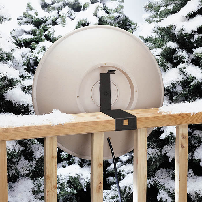 All-Seasons Heated Deck Mount Bath, showing a satellite dish-like design on a fence, ensures ice-free water for birds in winter, with easy cleaning and energy-efficient heating.