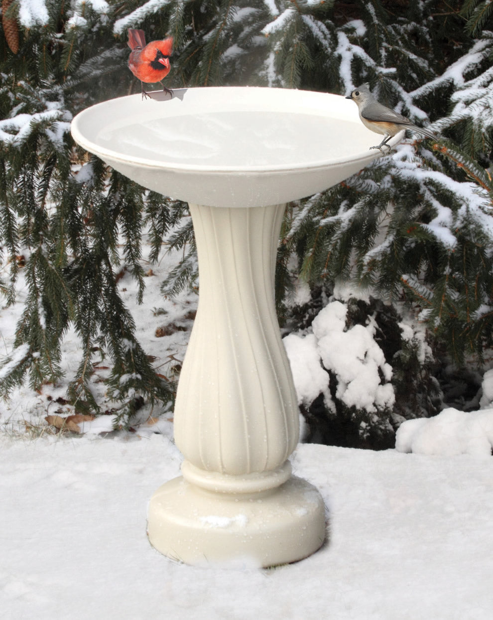 All-Seasons Heated Bath with 25 Pedestal in snow, featuring birds and thermostatically controlled heater for year-round bird attraction and easy cleaning.