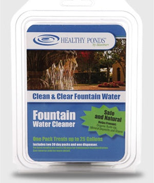 Clear plastic container with blue label, containing Fountain Water Cleaner for maintaining clean birdbath water, safe for pets, birds, and wildlife.