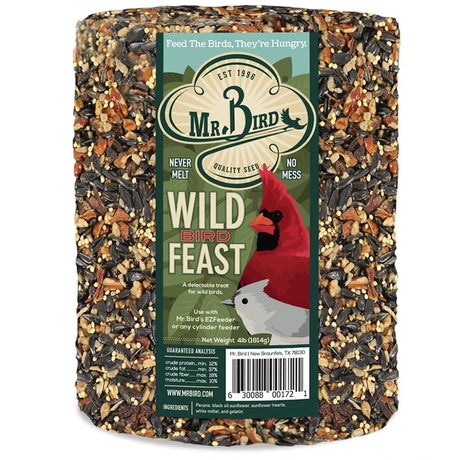 Mr. Bird WildBird Feast Cylinder Large, a 4-lb seed block with pecans and sunflower seeds, featuring “Never Melt” and “No Mess” for cylinder feeders.