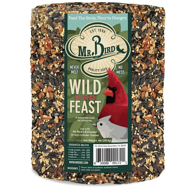 Mr. Bird WildBird Feast Cylinder Large, a 4-lb seed block with pecans and sunflower seeds, featuring “Never Melt” and “No Mess” for cylinder feeders.