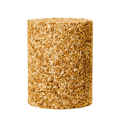 Golden Safflower Seed Log, Jumbo - A cylindrical birdseed feeder with grains, designed to deter squirrels and attract cardinals and grosbeaks.