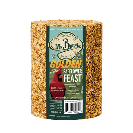 Golden Safflower Seed Log, Jumbo: A large cylinder of brown safflower seed designed for bird feeders, ideal for attracting cardinals and grosbeaks, while deterring squirrels.