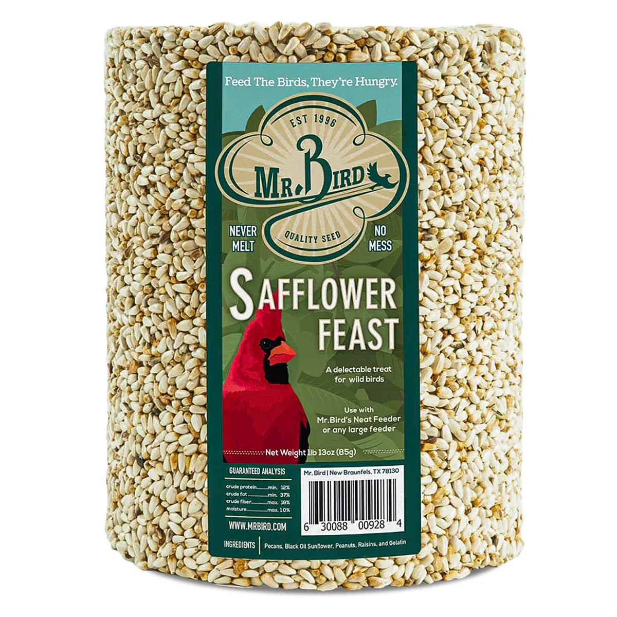 Safflower Feast Cylinder Large for outdoor feeders, made of safflower seed, pecans, sunflower seed, peanuts, and raisins, attracts cardinals and other birds.