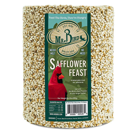 Safflower Feast Cylinder Large for outdoor feeders, made of safflower seed, pecans, sunflower seed, peanuts, and raisins, attracts cardinals and other birds.