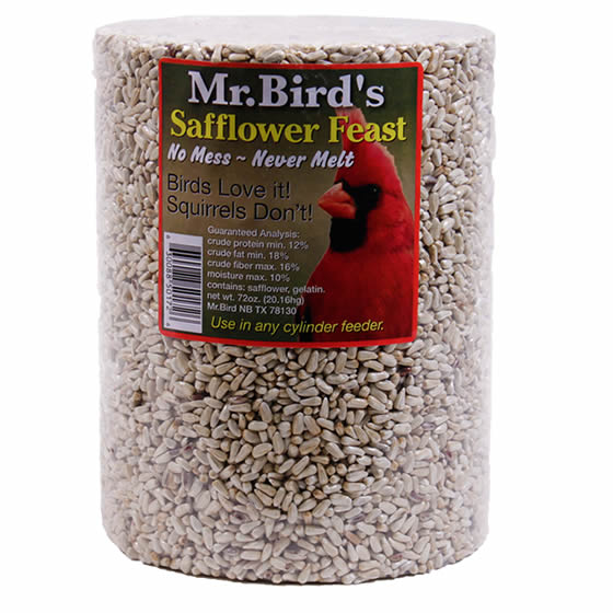 Safflower Feast Cylinder Large: A cylindrical 72 oz. block of safflower seeds with a label featuring a bird, designed to attract cardinals and other birds. Made in the USA.