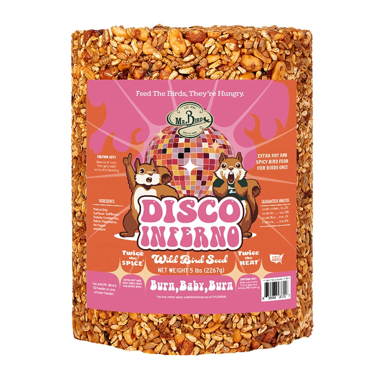 Disco Inferno Cylinder Large: A large food package featuring cartoon squirrels, designed to attract birds with its spicy seed blend, deterring squirrels effectively.