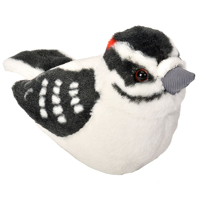 Audubon Downy Woodpecker plush bird with realistic design, featuring authentic bird calls when pressed. Constructed from high-quality, recycled materials, and easy to clean.