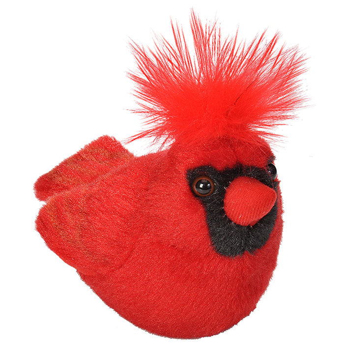 Audubon Northern Cardinal stuffed animal with realistic features and authentic bird call; press to hear recorded sound. Made from recycled materials, 5 inches tall.