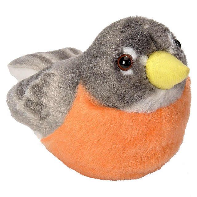 Stuffed Audubon American Robin toy with a yellow beak, featuring realistic appearance and authentic bird call, measuring approximately 5 inches.