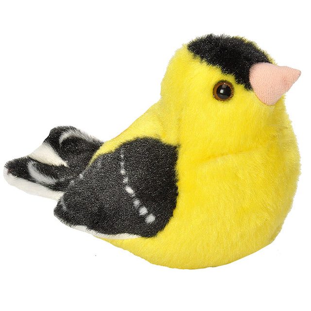 Audubon American Goldfinch plush toy with a built-in bird call, made from recycled materials, perfect for birdwatching education and play.