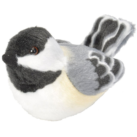 Audubon Black Capped Chickadee plush bird with realistic features and authentic bird call, approximately 5 inches, made from recycled materials, easy to clean.