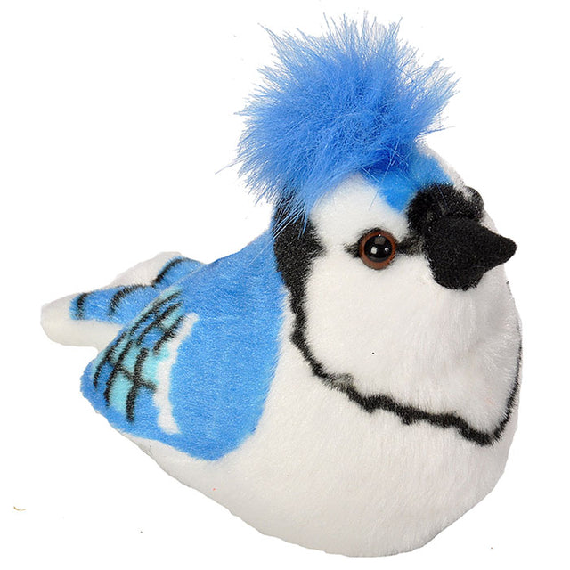 Audubon Blue Jay stuffed animal, a realistic plush bird with an authentic bird call, made from recycled materials and perfect for teaching birdwatching.