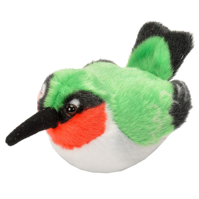 Audubon Ruby Throat Hummingbird plush toy with realistic design and sound. Made from recycled materials, measures 5 inches, and sings with a button press.