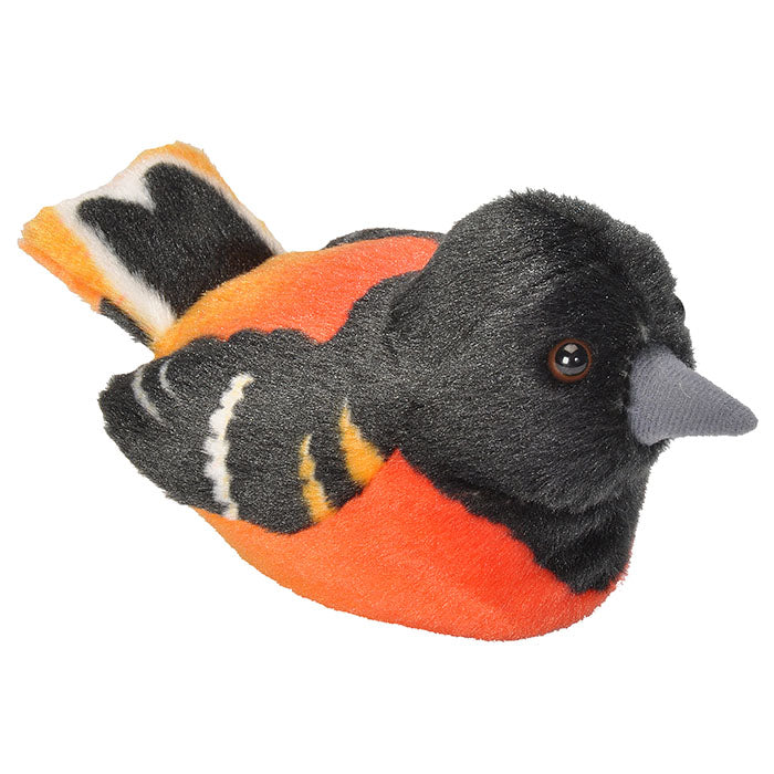 Audubon Baltimore Oriole plush toy, 5 inches, features realistic design and authentic bird call recorded by The Cornell Lab of Ornithology. Made from recycled materials.