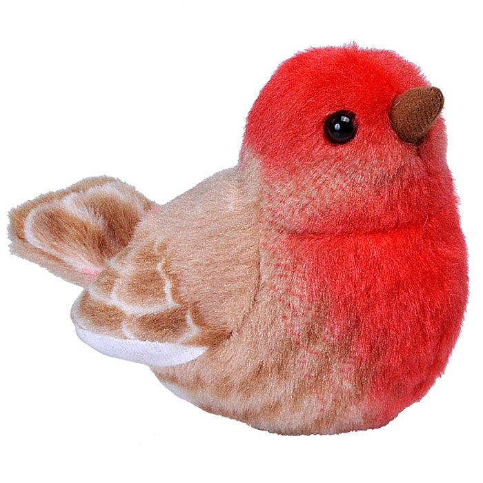 Audubon House Finch stuffed bird toy, approximately 5 inches, with a built-in button to play authentic bird calls. Made from high-quality materials and recycled filling.