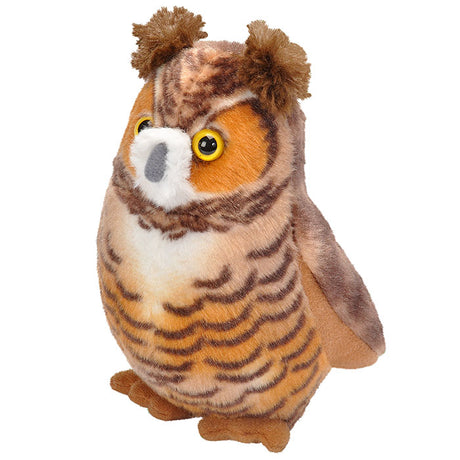 Audubon Great Horned Owl stuffed toy, realistic with authentic bird call, measures 5 inches, made from high-quality recycled materials, surface washable.