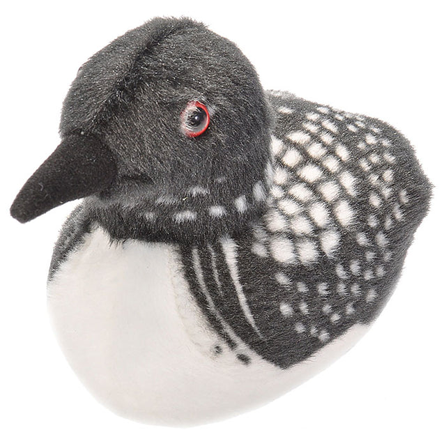 Audubon Common Loon plush toy with realistic design and authentic bird call, made from recycled materials, ideal for birdwatching education and endless play.