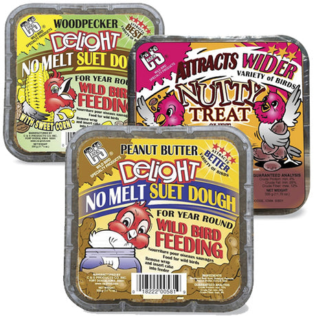 Woodpecker Suet Sampler, Set of 6: Close-up of six suet cakes in labeled plastic containers, ideal for attracting woodpeckers with peanut butter, nutty, and woodpecker delight flavors.