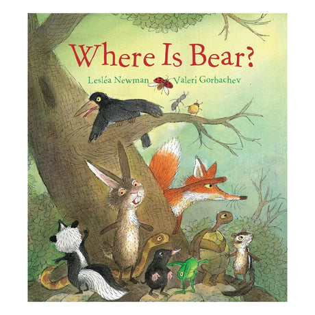 Cover of 'Where Is Bear?' padded board book by Lesléa Newman, showing woodland animals searching for Bear, illustrating a tale of friendship and adventure.