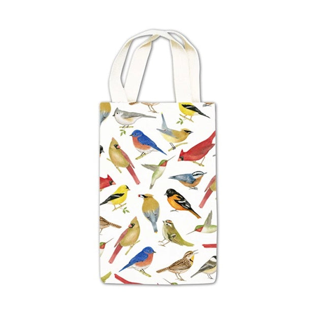 Canvas tote bag with watercolor-style songbirds, titled Wine Cadd, Wildbirds, featuring natural handles, ideal for gifting gourmet treats and reusable use.