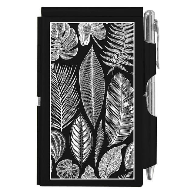 Flip Note, Botanical Leaves: A compact aluminum notepad with a retractable pen closure and debossed leaf patterns, revealing a 50-sheet perforated notepad.