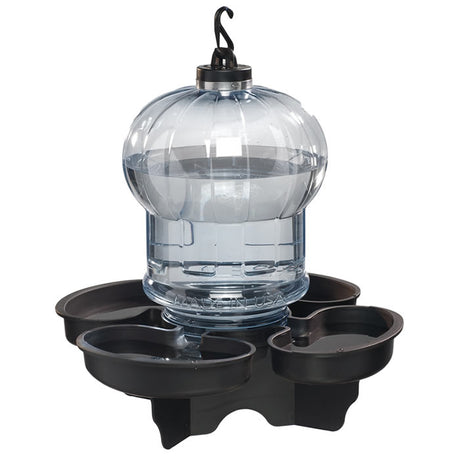 Clear Bird Water Cooler on a stand with a three-quart reservoir and four individual drinking cups, ideal for hanging, mounting, or ground placement.