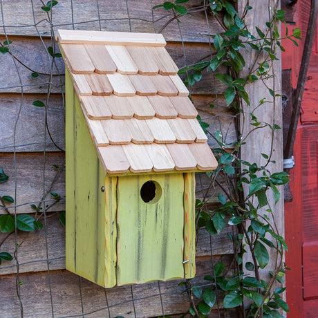 Bluebird Bunkhouse, 5 Colors to Choose: Cypress wood birdhouse with a shingled roof on a fence, featuring a 1-1/2 inch entry hole and a front panel for easy cleaning.