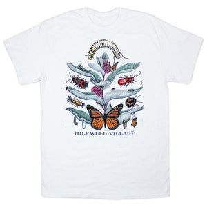 Milkweed Village T-Shirt featuring colorful butterfly and bugs graphic, designed by Diana Dee Tyler, on a 100% cotton heavyweight white t-shirt, printed with eco-friendly water-based ink.