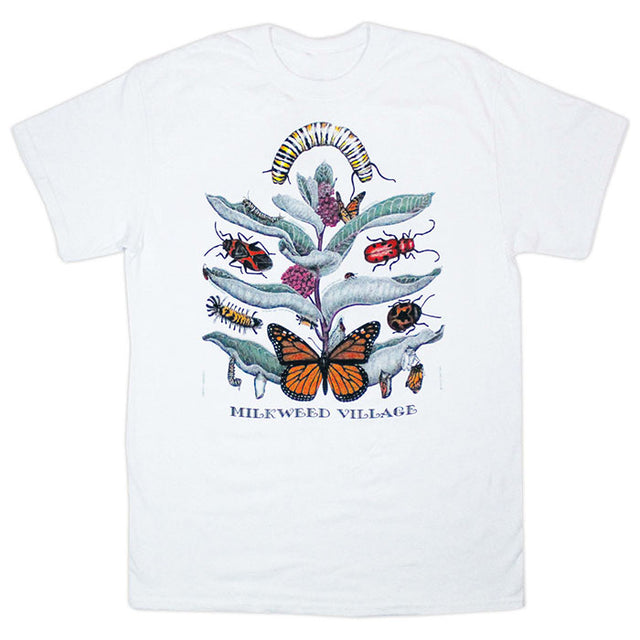 Milkweed Village T-Shirt featuring colorful butterfly and bugs graphic, designed by Diana Dee Tyler, on a 100% cotton heavyweight white t-shirt, printed with eco-friendly water-based ink.