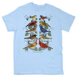 Songbird Pairs T-Shirt featuring colorful bird illustrations on branches, printed on a 100% cotton heavyweight shirt by Liberty Graphics.