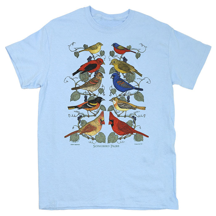 Songbird Pairs T-Shirt featuring colorful bird illustrations on branches, printed on a 100% cotton heavyweight shirt by Liberty Graphics.