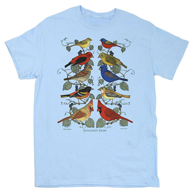 Songbird Pairs T-Shirt featuring colorful bird illustrations on branches, printed on a 100% cotton heavyweight shirt by Liberty Graphics.