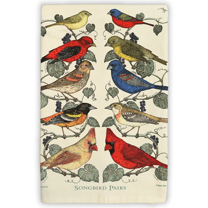 100% Cotton Tea Towel, Songbird Pairs features artistic illustrations of birds perched on branches, designed by Diana Dee Tyler.