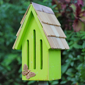 Butterfly Breeze House, green wooden birdhouse with a copper butterfly on top and a hand-shingled roof, includes a mounting stake.